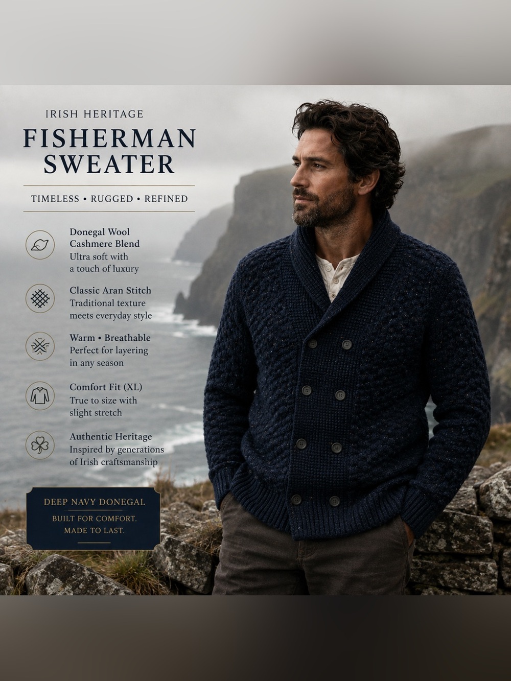 INIS MEÁIN DONEGAL MERINO WOOL & CASHMERE SHAWL COLLAR CARDIGAN — MEN’S XL